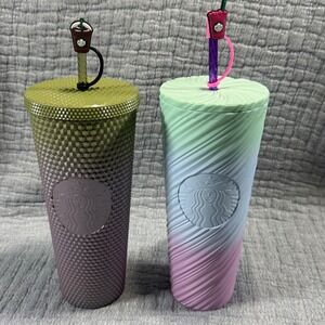 2 Starbucks Tumbler Cold Cups With Toppers Studded Gradient and Pastel Swirl EUC